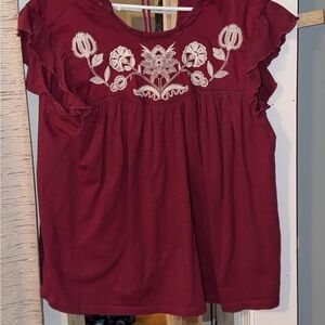 Knox Rose Maroon Blouse with White Embroidery
